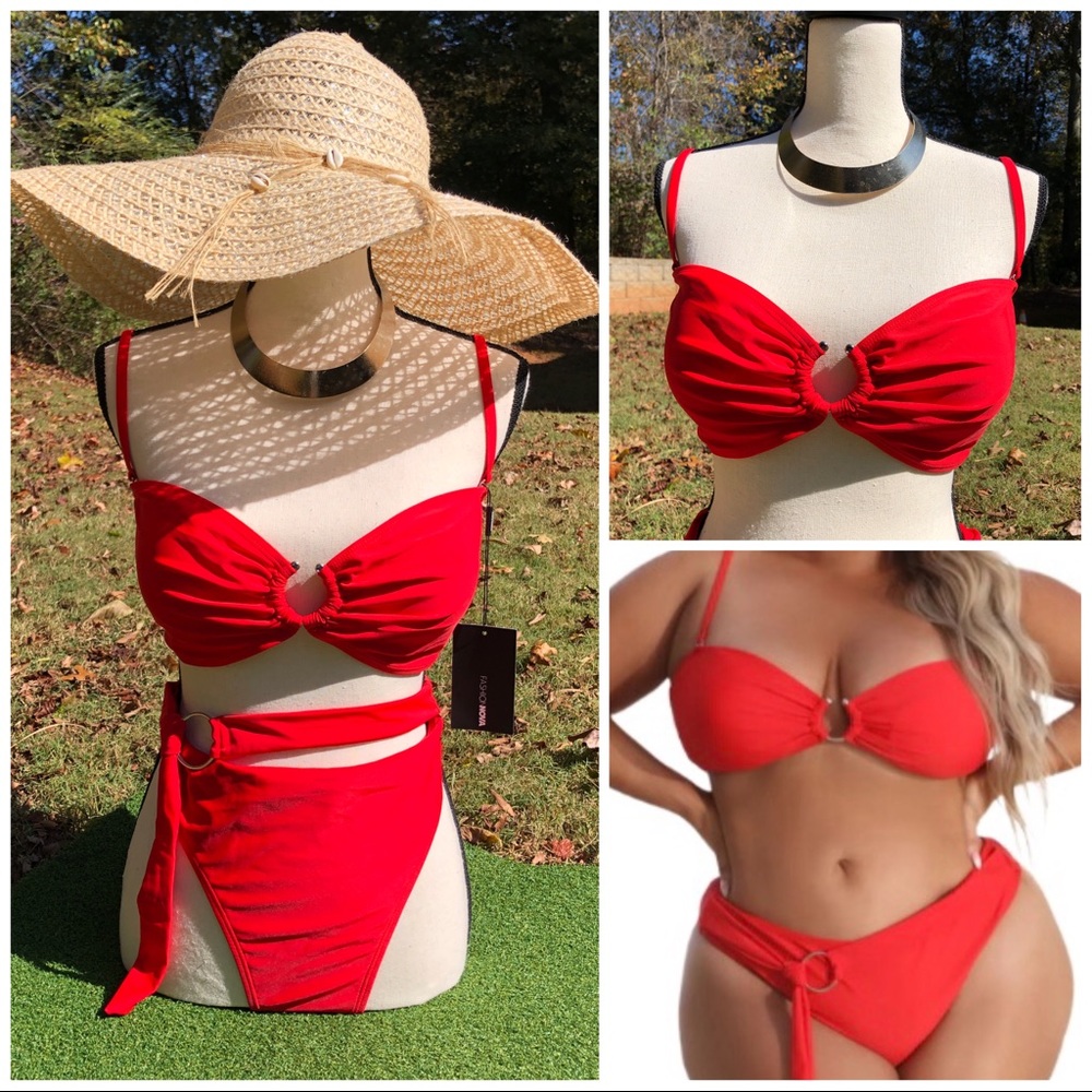 NEW O-Ring 2 Piece Red Cinch Waist Cheeky Bikini Set Size 3X